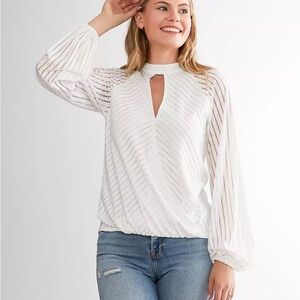 Daytrip White Striped Button Keyhole Top High Neck Small